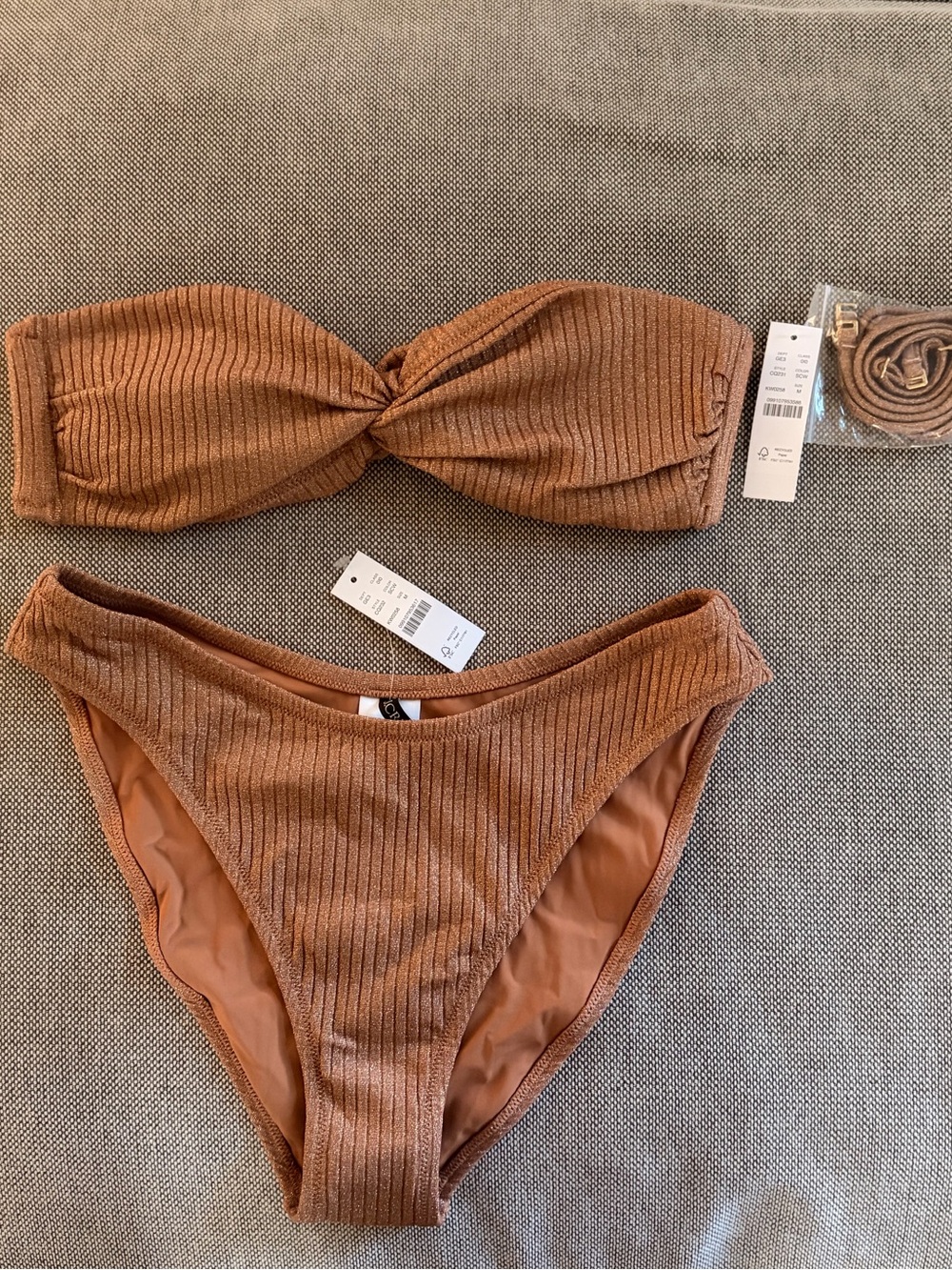 J. Crew Ribbed Twist Bandeau Bikini Set in Brown